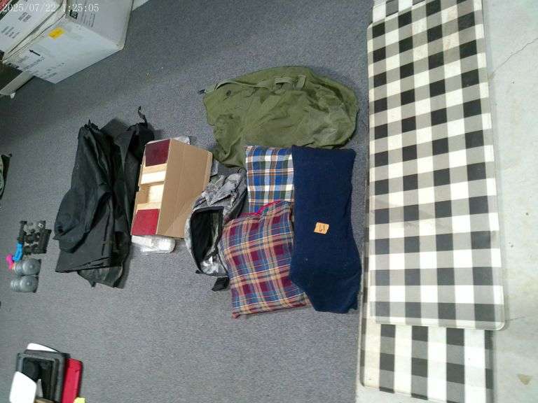 Army duffel bag, 2 grill covers, wood blocks
