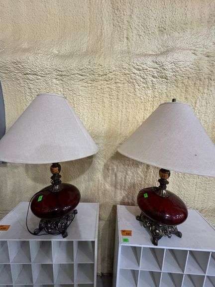 Pair of lamps brass and red glass base