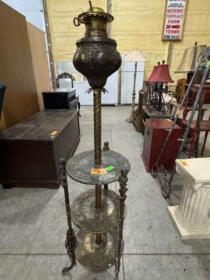 Vintage brass barely twist floor lamp with shelves. 50" tall