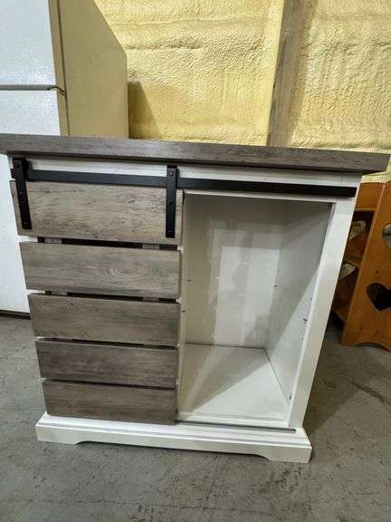 Farmhouse storage cabinet with sliding door. 38" wide x 16" deep x 32" tall