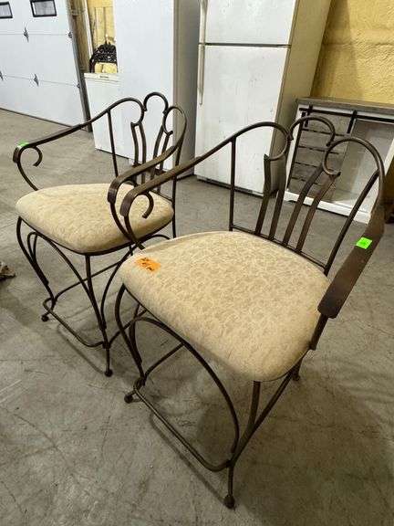 Pair of barstool height 24" metal chairs with beige upholstered seats