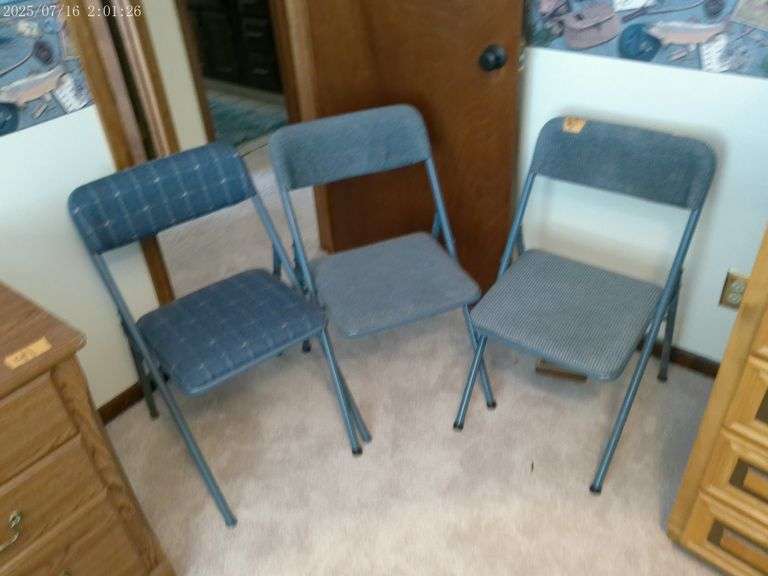 3 card table chairs, blue upholstery, one not matching. Upstairs
