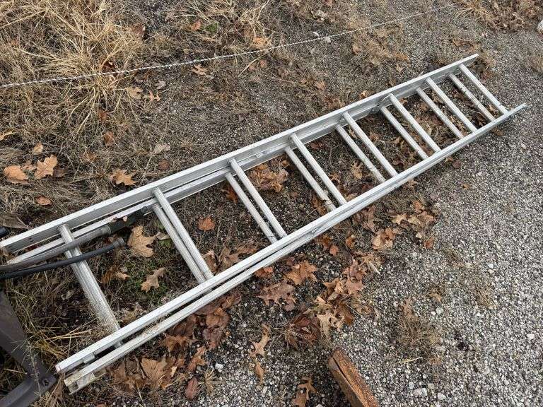 Davidson 16' aluminum extension ladder and old garden hose reel with hose