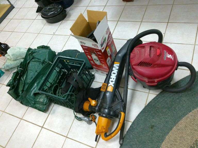 5 gallon Shop vac, new sprayer, tarps, Worx electric leaf catcher. In basement