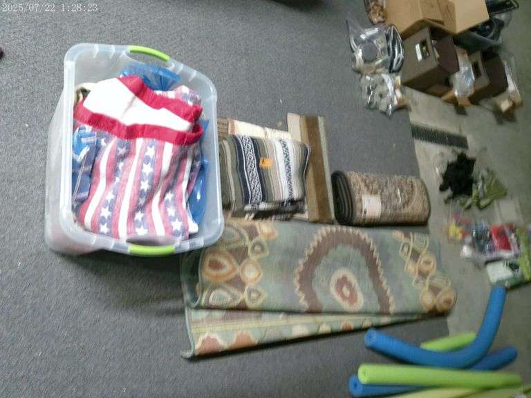 1 large area rug 5 feet by 8 feet, 2 runner rugs, wool blanket, 2 throw blankets