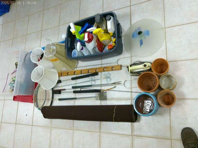 Misc lawn/garage fluids, lamp shades, tennis racket, small flower pots,2 hack saws, quick connect, p