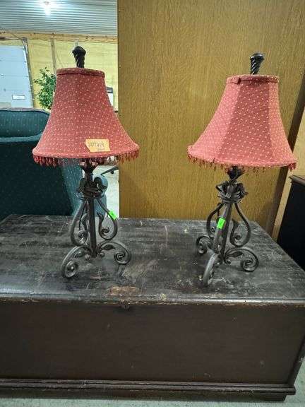 Pair of lamps, 29" tall, cranberry shades with beaded fringe
