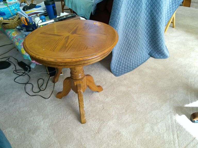 Pair of oak tables - coffee table and pedestal lamp table. Main level