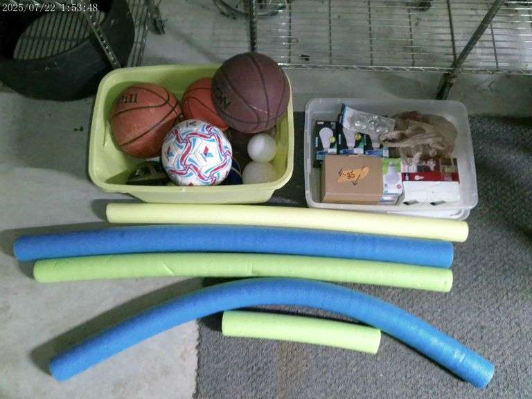 Tote of light bulbs, tote of sport balls, pool noodles