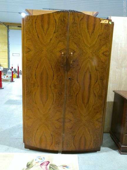309 - 29 Art deco wardrobe burr walnut veneer on front, rest is solid wood. 48" wide x 24" deep x 77
