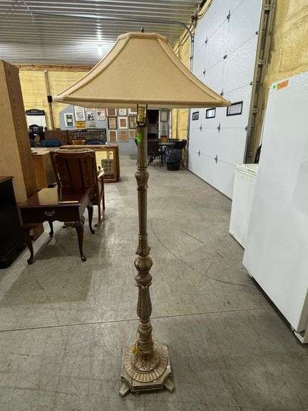 Traditional style floor lamp with square shade and bronze-like base