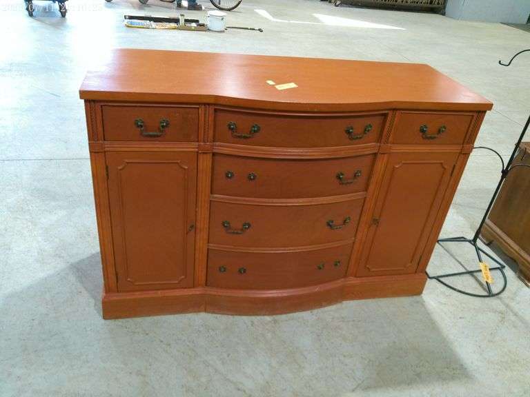 407 - wood buffet or sideboard with 6 drawers and storage with doors. 3 handles are missing