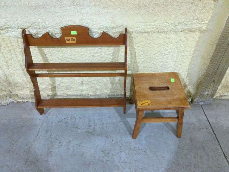 401 - small step stool 12" tall, sturdy and display rack for wall, plate grooves 24" x 26"