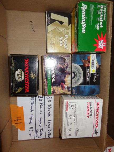 20 rounds 12 gauge, "00 Buck", 30 rounds 12 gauge turkey loads, 25 rounds 12 gauge #8 shot