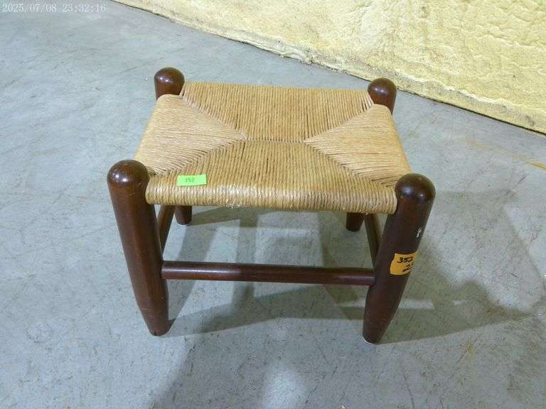 352 Little rustic wood footstool with a woven rush seat