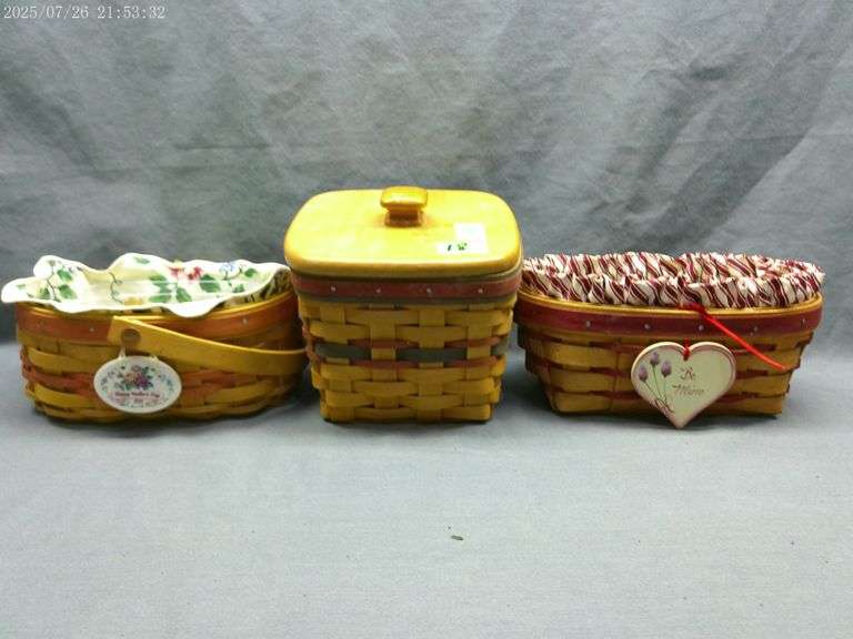 Longaberger Father's Day basket lid, divided protector 1998; Be Mine tie-on, liner, protector 1995; 