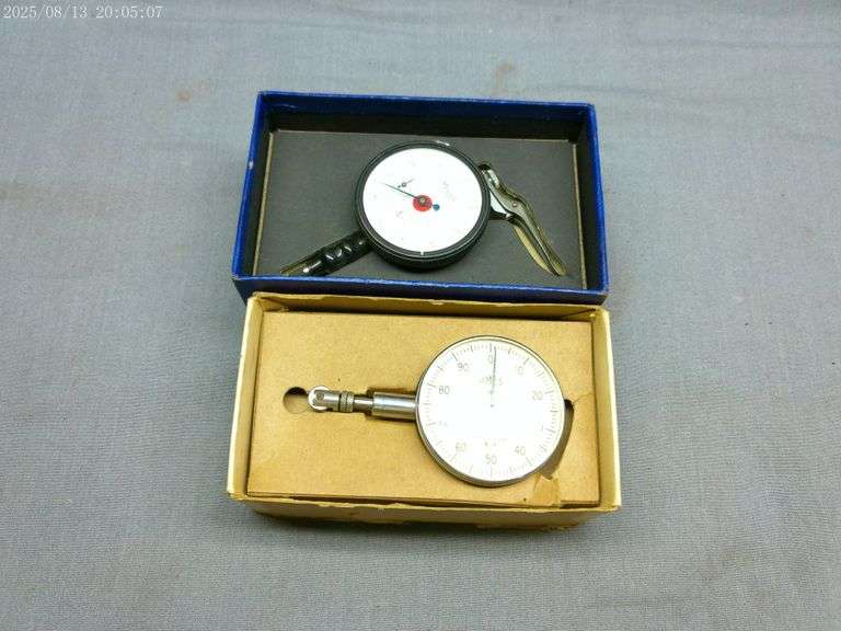 Ames travel indicator & Mercer dial gauge, in boxes