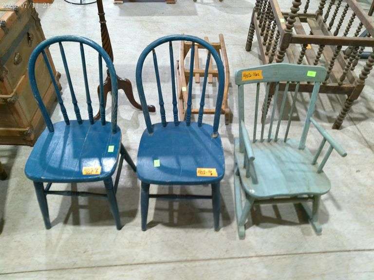 402 - 3 child's chairs- back needs glued on one blue chair. They are all sturdy