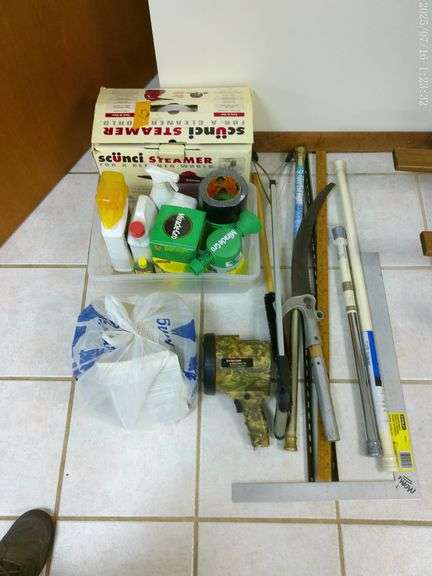 Steamer, Miracle Gro, rechargeable Luma-Light, limb saw, square, Round Up. In basement