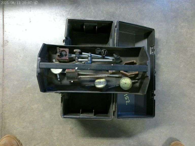 Toolbox with contents - misc dial indicators, 2 mag holders as is
