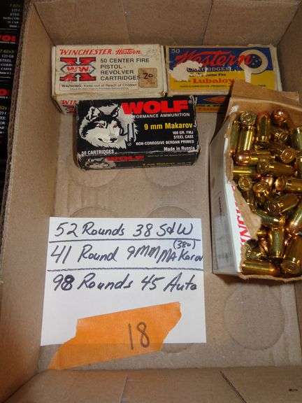 52 rounds 38 S&W, 41 rounds 9mm Makarov, 98 rounds 45 auto