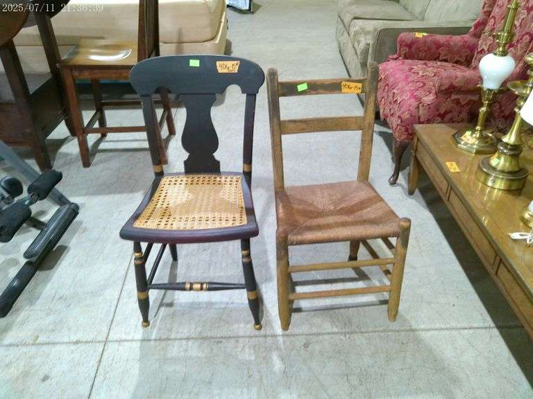 406 - 2 chairs, one fiddle-woven seat, one with rush seat Shaker style