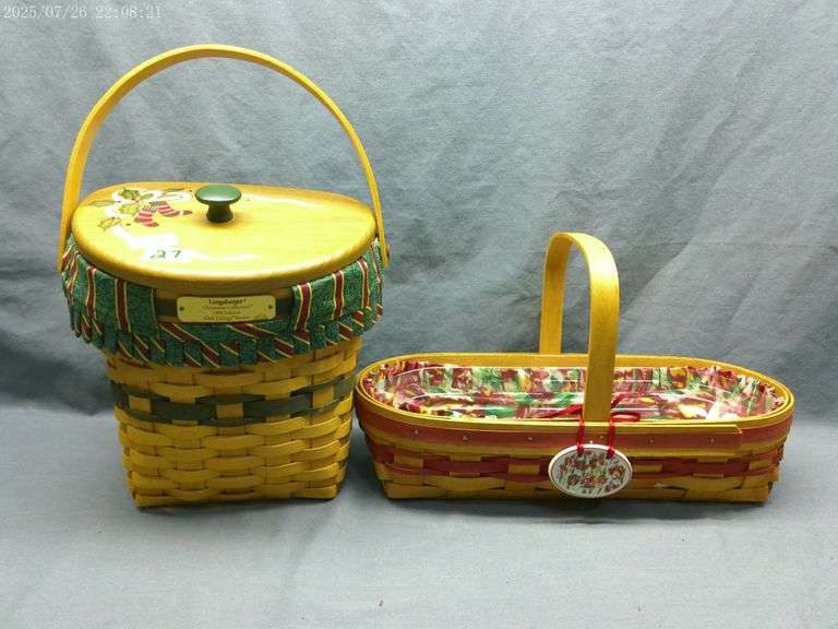 Longaberger Christmas Collection Glad Tidings basket with lid, liner, protector 1998; Little Joy bas