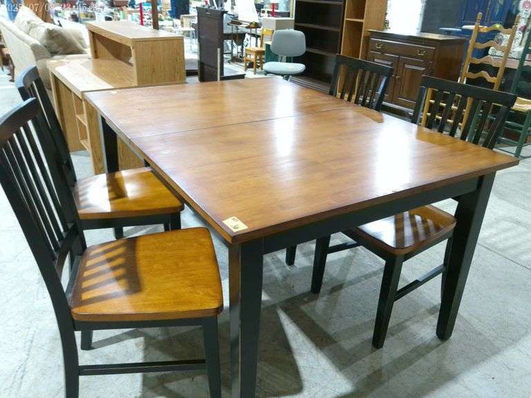 353 Wood and black farmhouse table with 4 chairs and leaf. Table is 60"x42", leaf is 18"