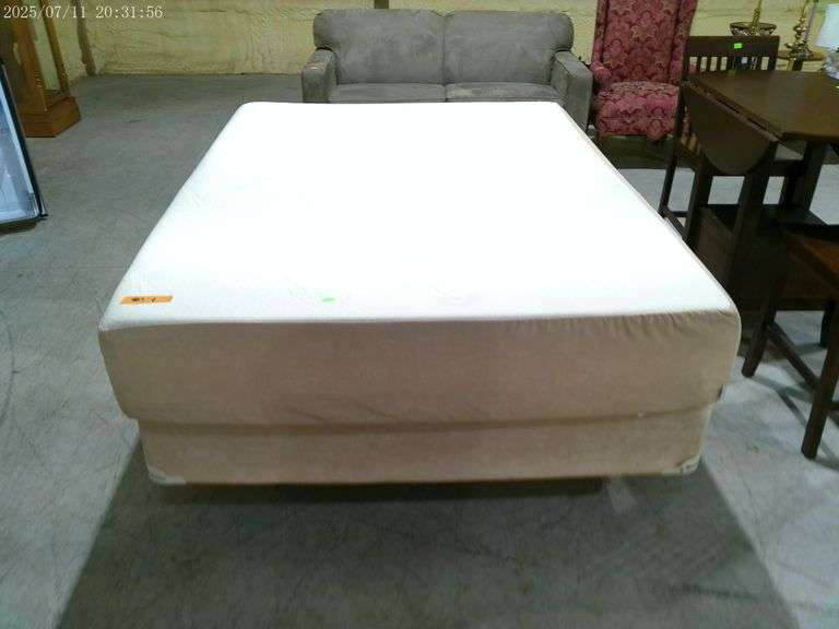 403 - Tempurpedic queen mattress and box springs on frame. One light stain