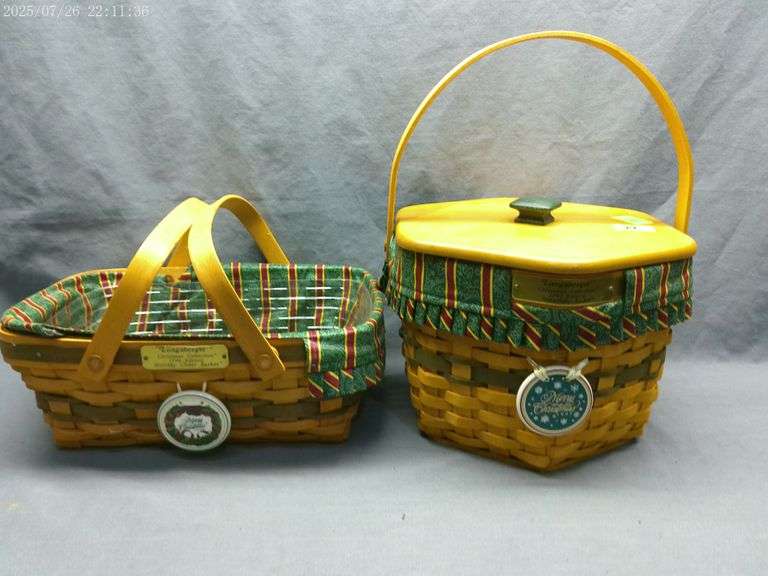 Longaberger Snowflake basket with tie-on, lid, liner, protector 1997; Holiday Cheer basket with tie-