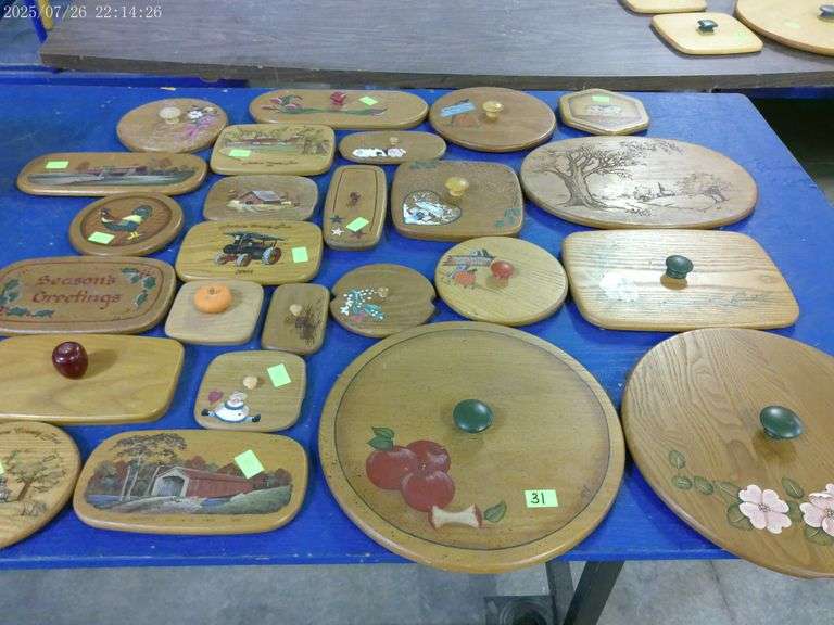 24 misc Lanam lids for Longaberger baskets - Jackson Co Fair, covered bridge, seasonal, etc