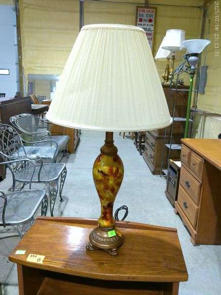 352 Art glass table lamp with pleated shade. Very good condition