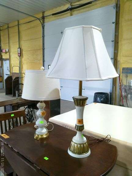401 - 2 decorative brass and white table lamps- white milk glass body and mid century white enamel w