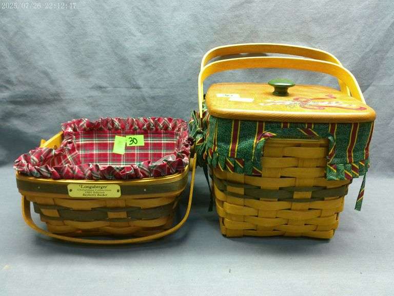 Longaberger Cranberry basket Christmas Collection with Lanam lid, liner, protector 1995; Bayberry ba