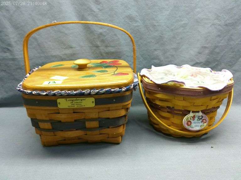 Longaberger Berry basket with Lanam lid, liner and protector 1990; Morning Glory basket with tie-on,