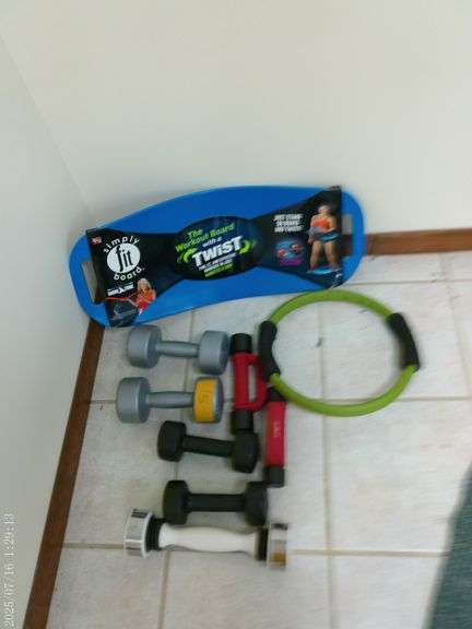 Workout accessories- hand weights, Simply Fit board. In basement