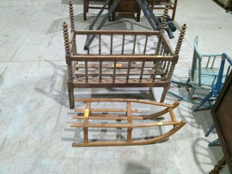 402 - antique crib with broken slat, broken end support and spindle damage. Antique wooden sled
