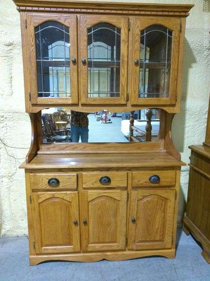 452 - Oak china cabinet 50"wide x 80"tall, 2-piece design with glass display doors and 3 dovetail dr