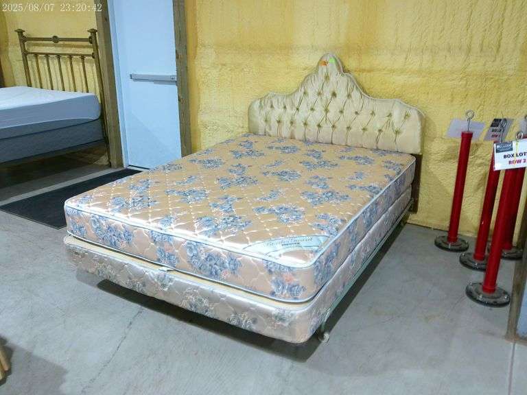 502- Queen deep button tufted, curved top headboard, frame, mattress and boxed springs