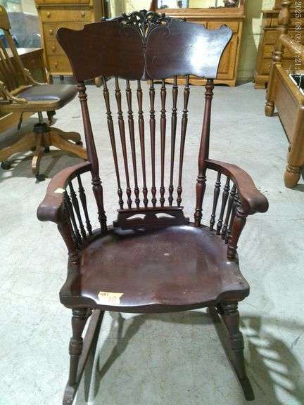 451 - Vintage spindle, pressed back, wooden rocking chair. Broken support underneath (see photo)