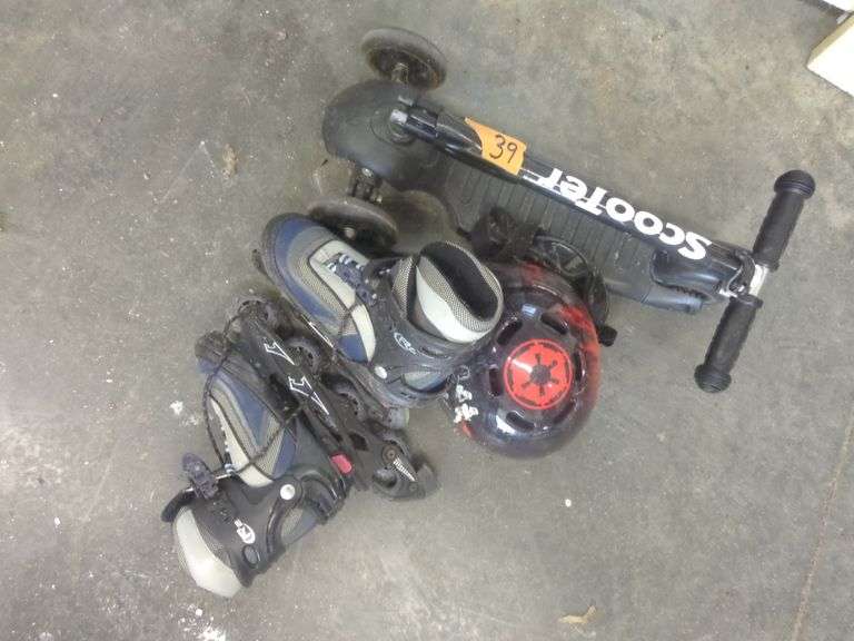 Kids Scooter with Helmet, Goggles and Roller Blades. Roller blades look to be a kids size. See pictu