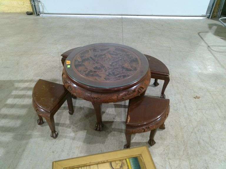 505- Chinese Tea Table with 4 Stools. Glass tabletop. Just a little wobbly. Some scratches on wood.
