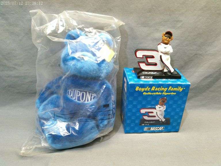Jeff Gordon teddy bear in unopened package, Dale Earnhardt Boyd's figurine with box