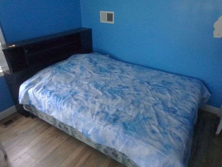 Queen Size Bed with Headboard and Frame. Comes with older non-matching mattress and box springs. Als