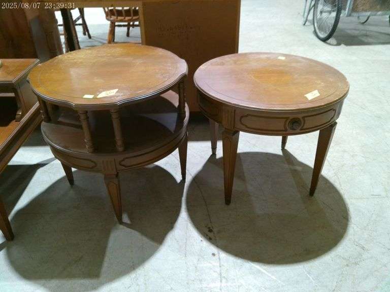 502- Pair of round end tables, not matching.