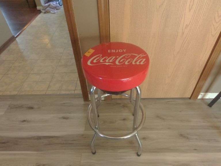 Coca-Cola Padded Barstool. 29" Tall x 13.5" Diameter. 2 small tears on surface. See pictures for con