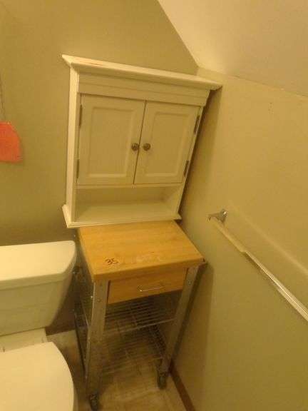 Metal 1 Drawer Cart and Wood Hanging Bathroom Cabinet. Cart is 17" wide x 34" tall x 17.5" deep. Cab