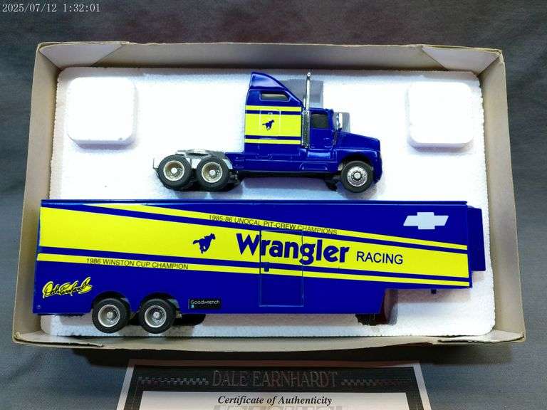 1:64 scale die cast hauler - Dale Earnhardt Wrangler Hauler. Certificate of authenticity, in box