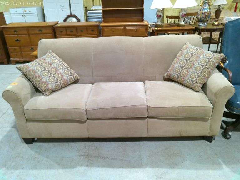 502- 3 cushion beige sofa 80" long. Clean