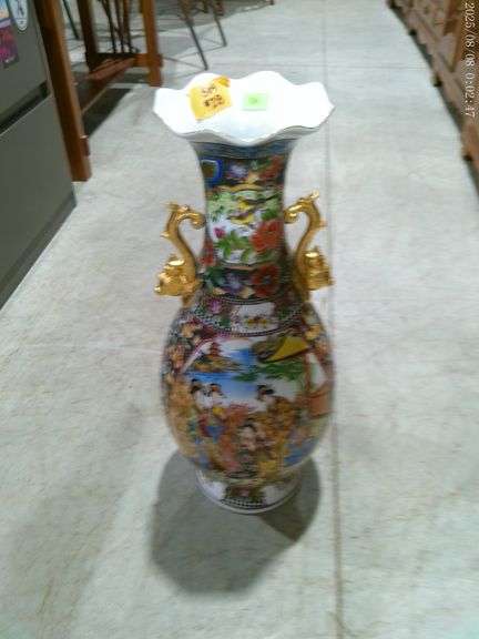 504- Porcelain vase with fluted top, gold-color ornate handles, Geisha and landscape designs. 24" ta